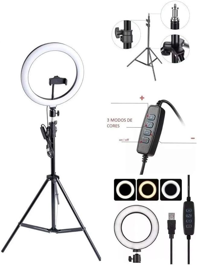 Kit Completo Ring Light Com Tripé Dimmer Youtuber Selfie Pro